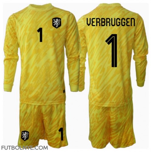 Camiseta Países Bajos Bart Verbruggen #1 Portero Visitante Equipación para niños Eurocopa 2024 manga larga (+ pantalones cortos)